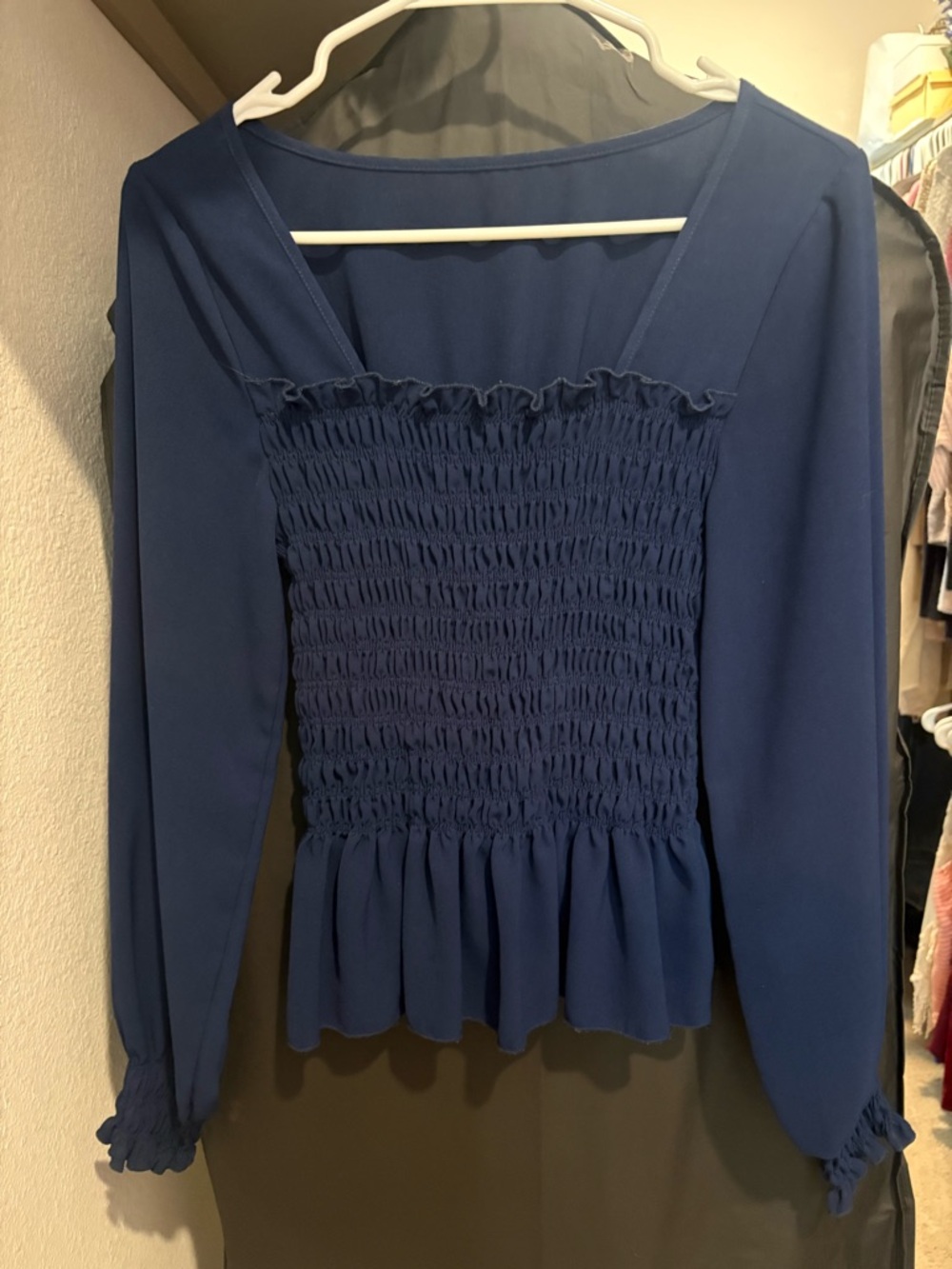 Women's Navy Blue Peplum Long-Sleeve Top